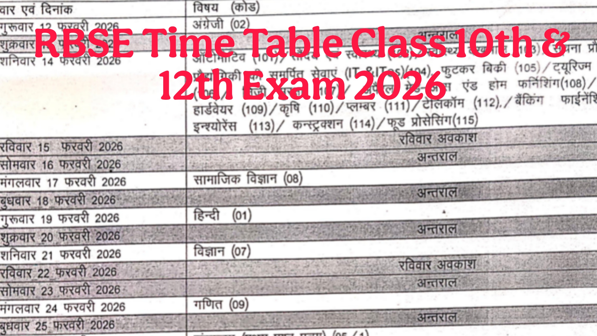 RBSE Time Table Class 10th & 12th Exam 2026