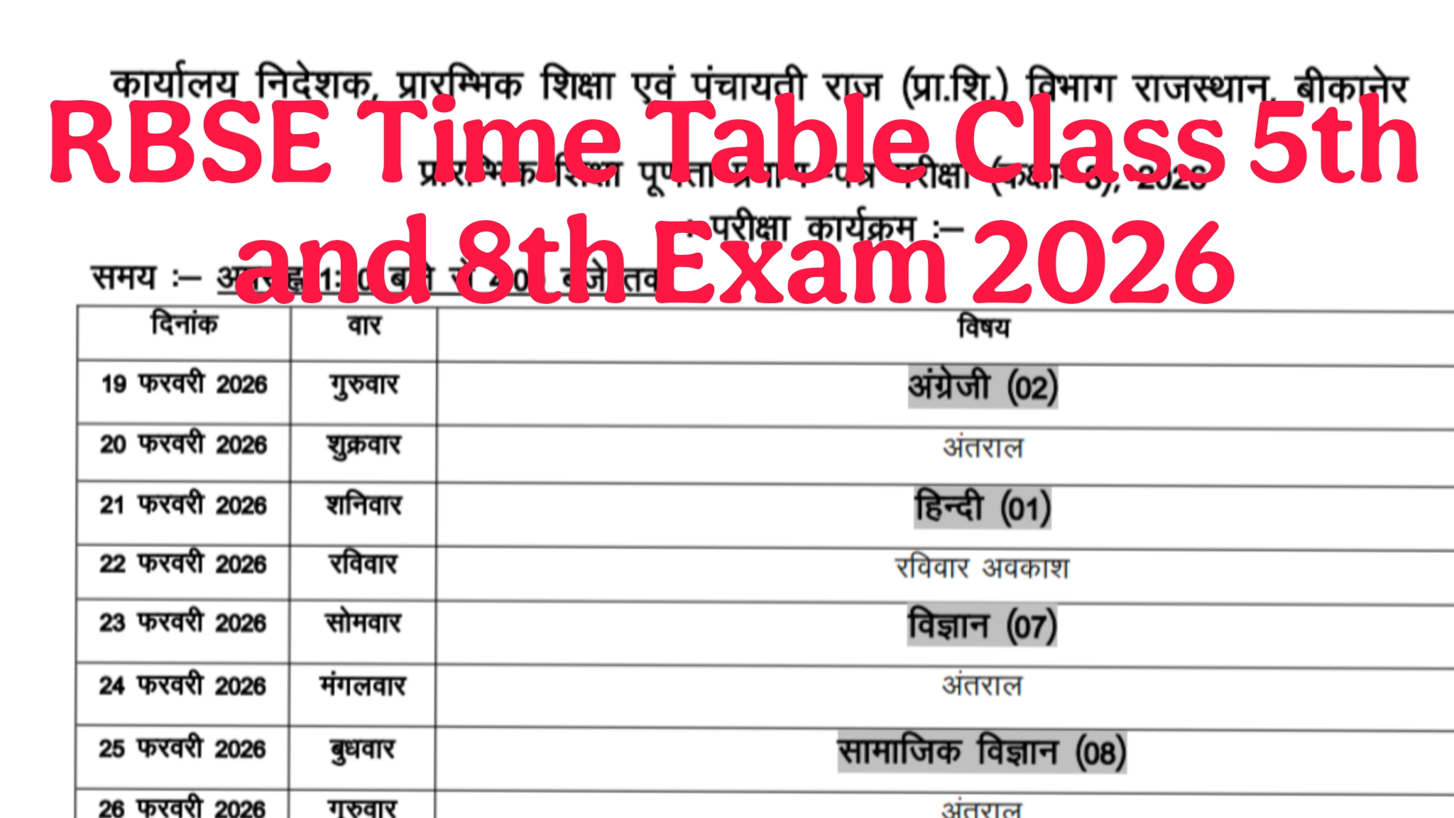 Rajasthan Board Time Table Class 5th & 8th Exam 2026