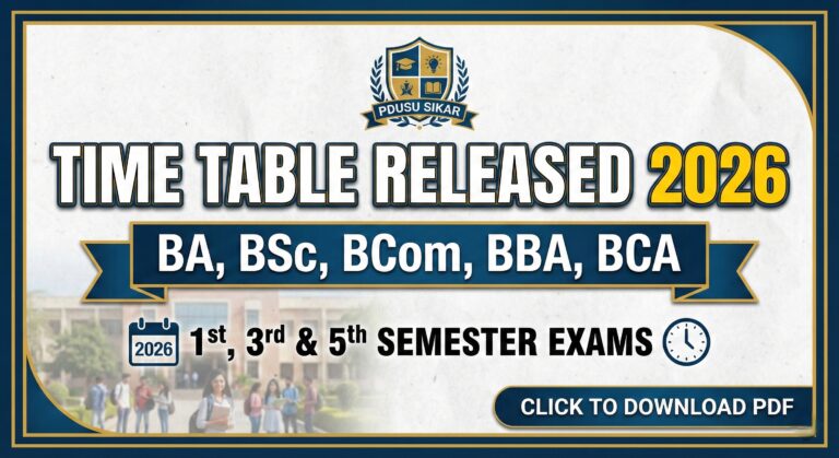 Create the website thumbnail for post "PDUSU Sikar BA BSc BCom BBA BCA 1st 3rd & 5th Semester Time Table Released 2026