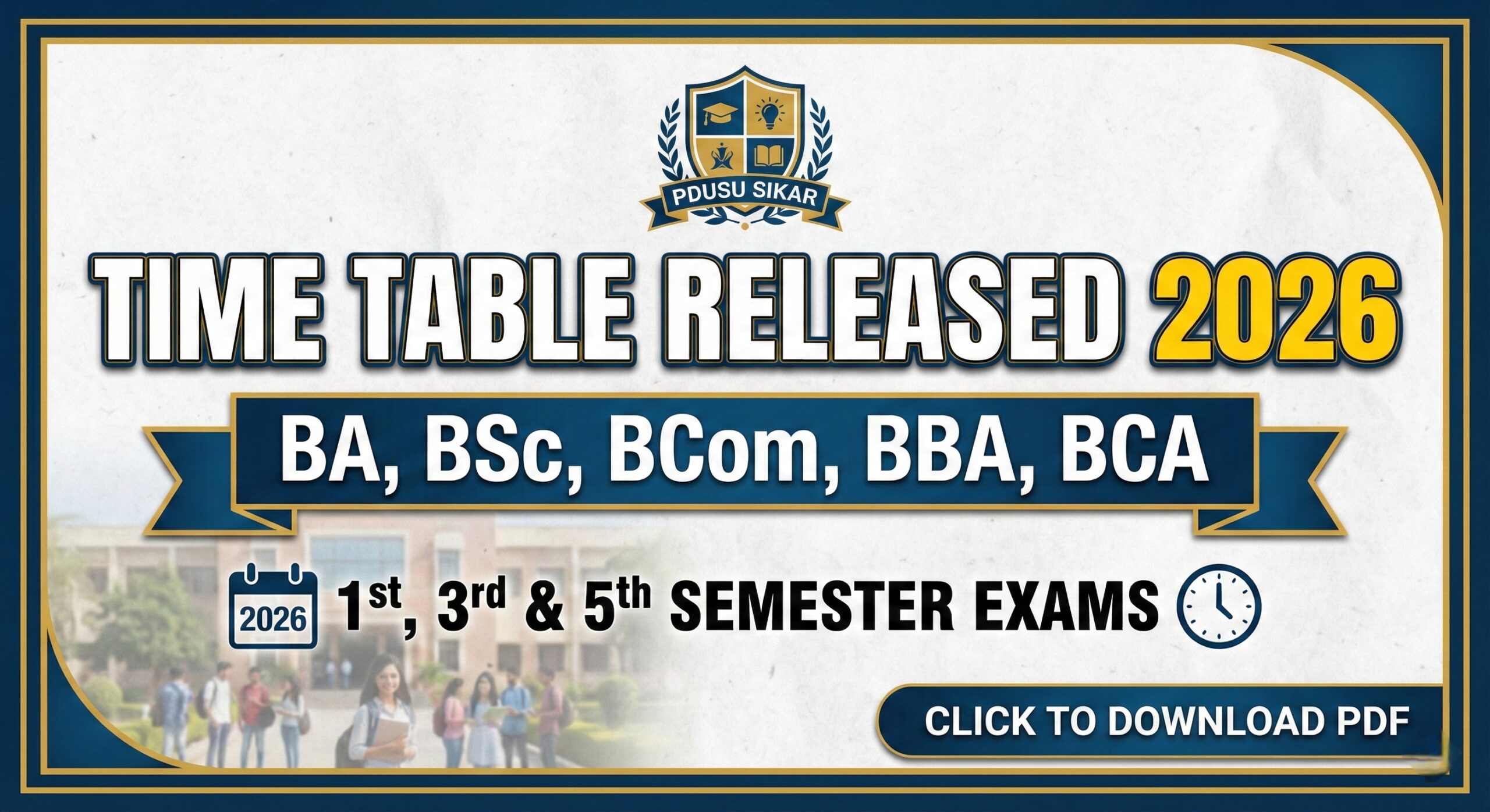 Create the website thumbnail for post "PDUSU Sikar BA BSc BCom BBA BCA 1st 3rd & 5th Semester Time Table Released 2026