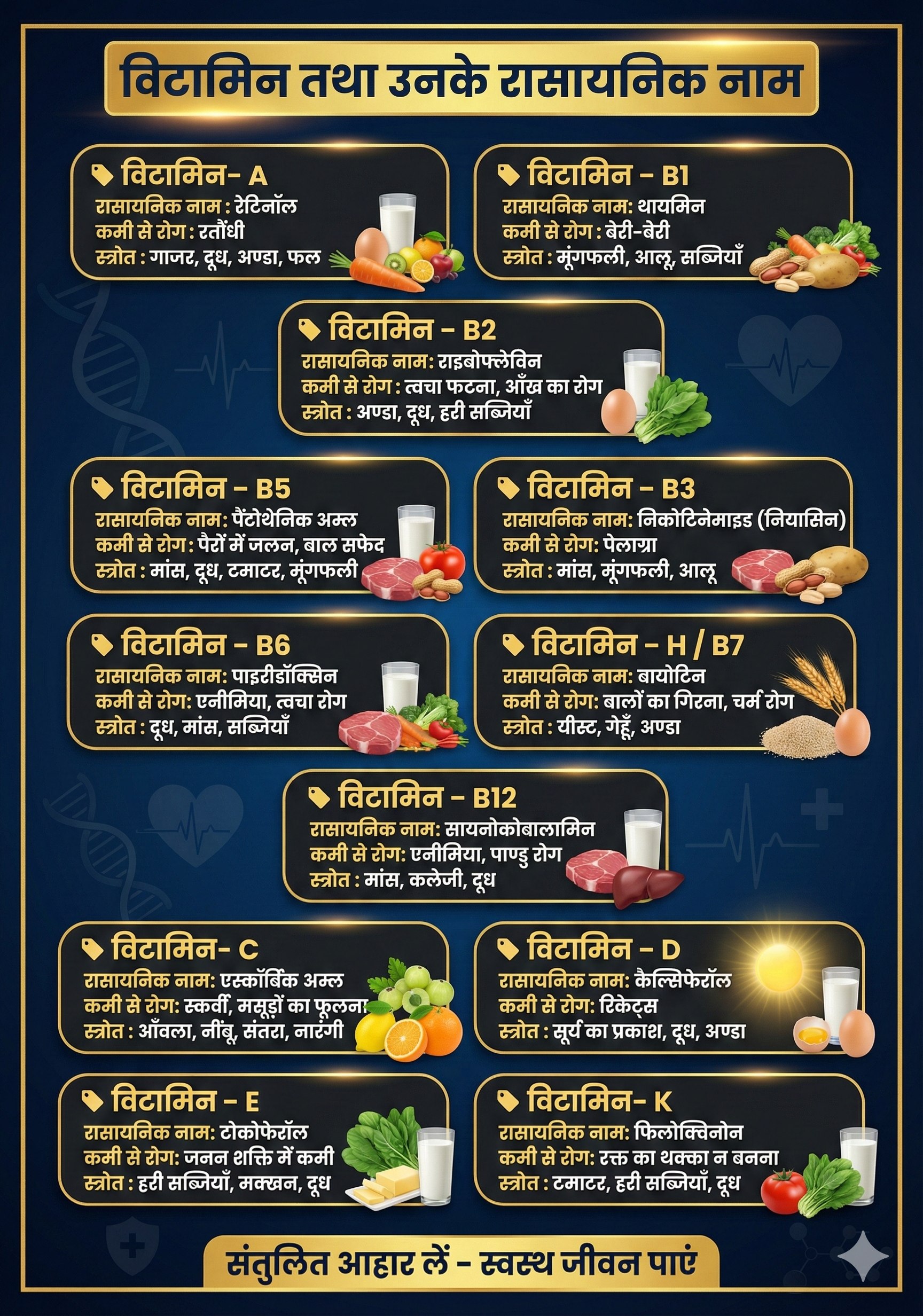 Vitamin Chart in Hindi: Chemical Names, Deficiency Diseases & Sources