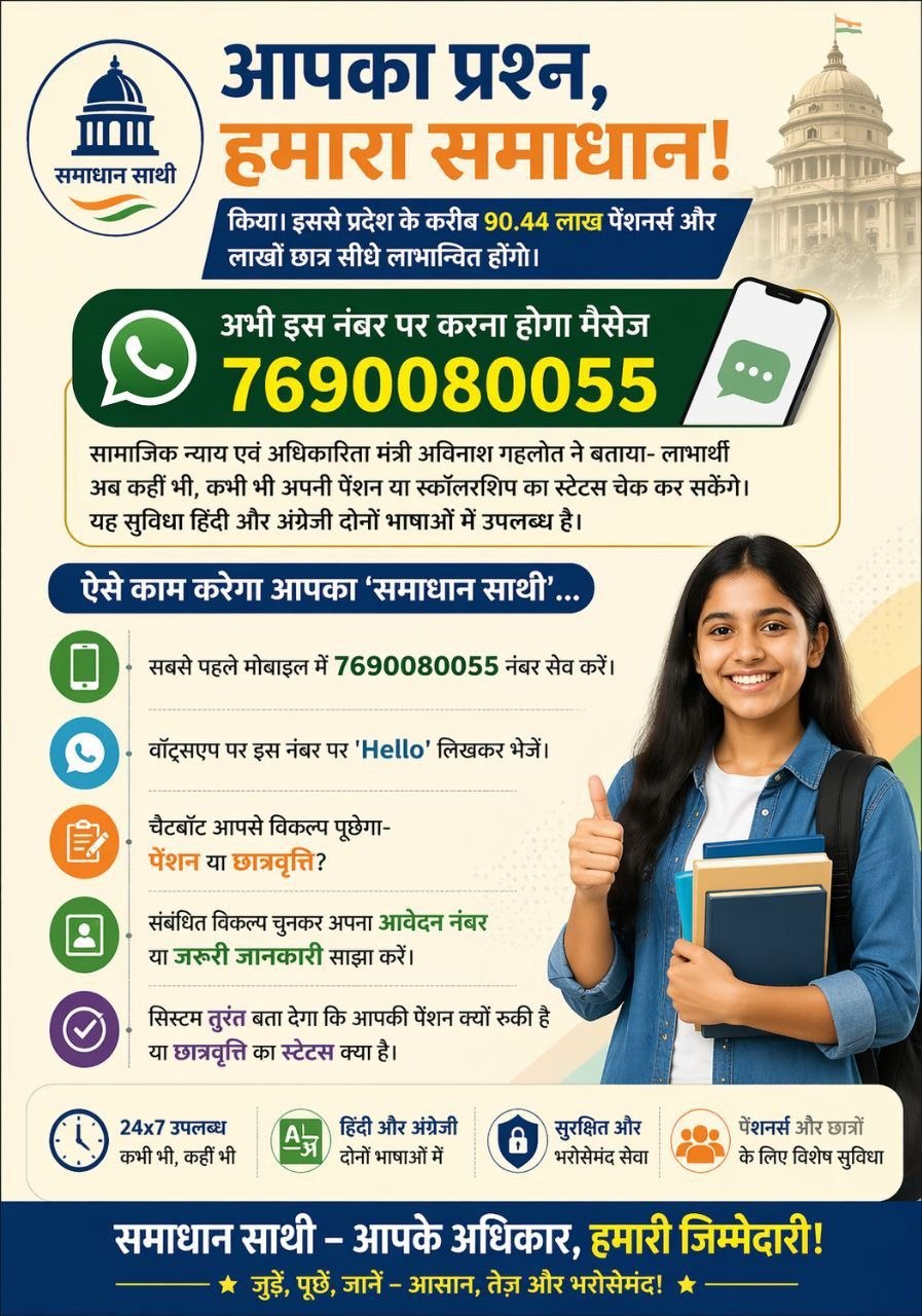 समाधान साथी व्हाट्सएप नंबर 7690080055: घर बैठे चेक करें पेंशन और छात्रवृत्ति का स्टेटस