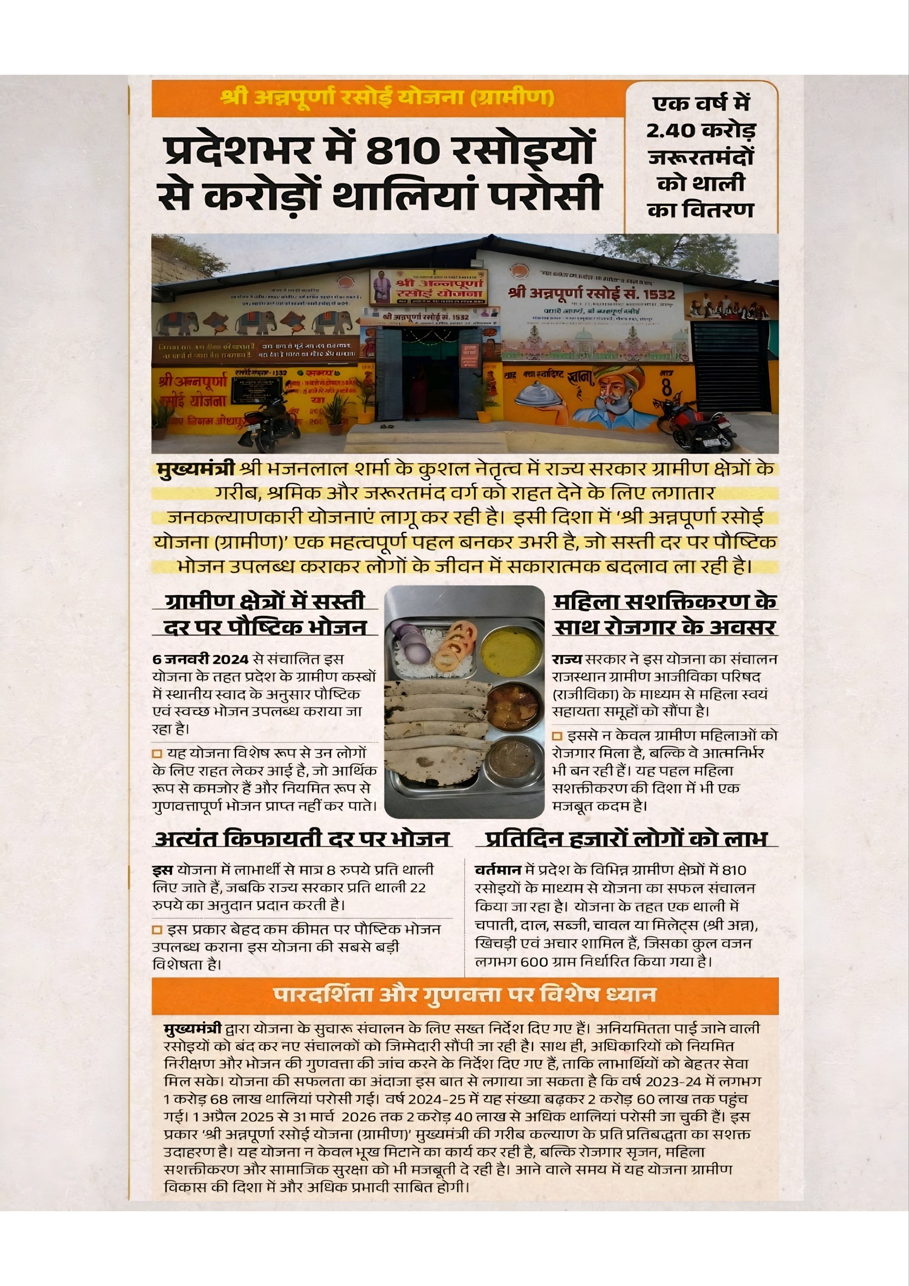 Shri Annapurna Rasoi Yojana (Gramin): 8 रुपये में भोजन | Rajasthan Govt Schemes