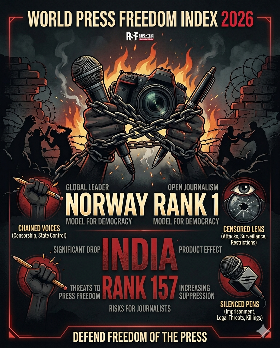 विश्व प्रेस स्वतंत्रता सूचकांक 2026: भारत 157वें स्थान पर, नॉर्वे फिर शीर्ष पर